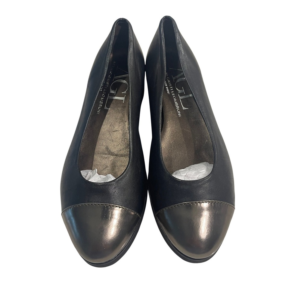 AGL Attilio Giusti Leombruni Black Leather Metallic Cap Toe Platform Flats 38.5